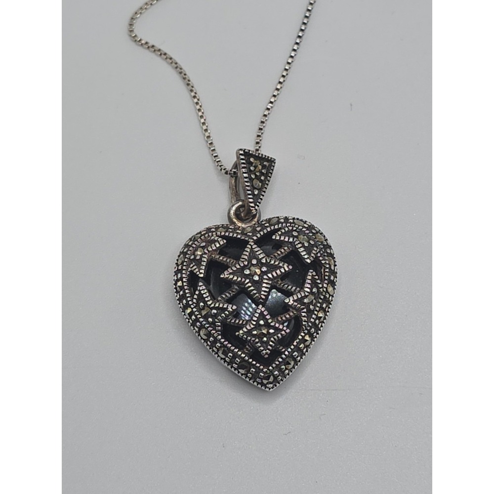 Vintage Sterling Silver Markasite Heart Pendant Filagree Onyx Pendant 18" Chain